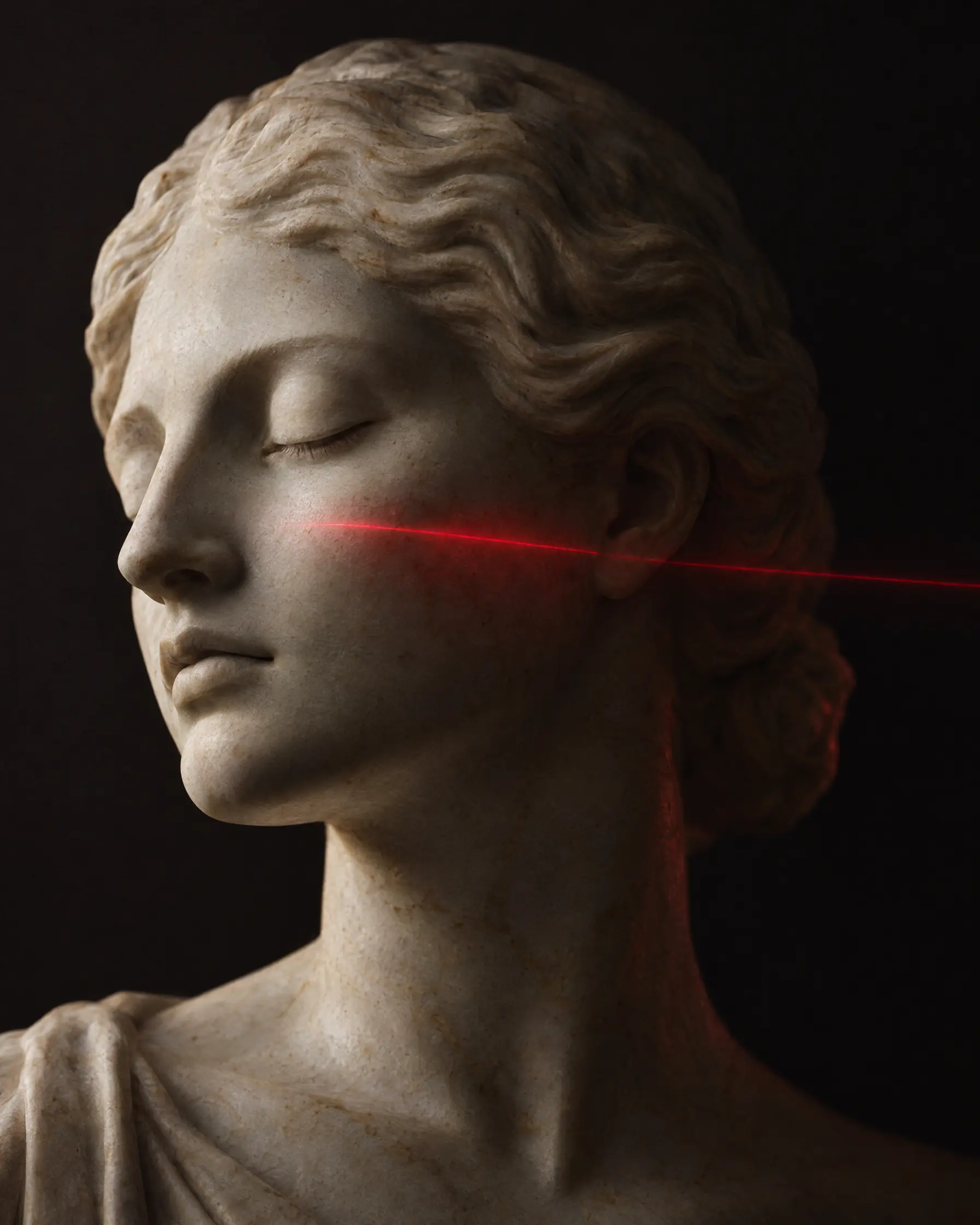 Marmurowa rzeźba kobiecej twarzy, przez policzek biegnie cienka czerwona linia światła lasera